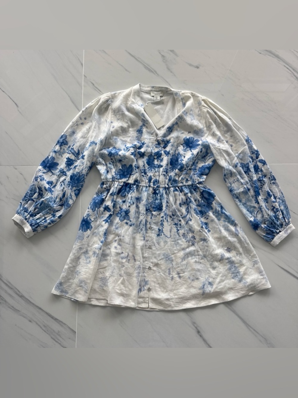 Calypso St Barth Women's Dress Linen Blend White Blue Floral V Neck Size XL NWT